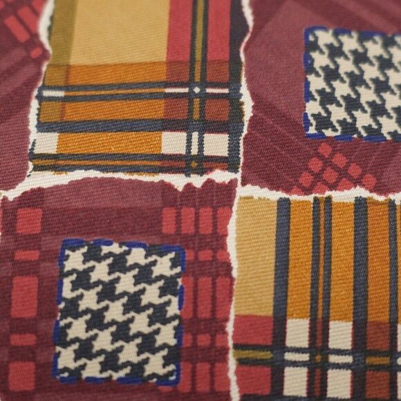 Perry Ellis Handmade Red Yellow Patchwork‎ Plaid Wide Print Silk Tie - Picture 2 of 8